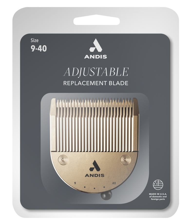 Front straight angle of packaging of the Adjustable Replacement blade in gold