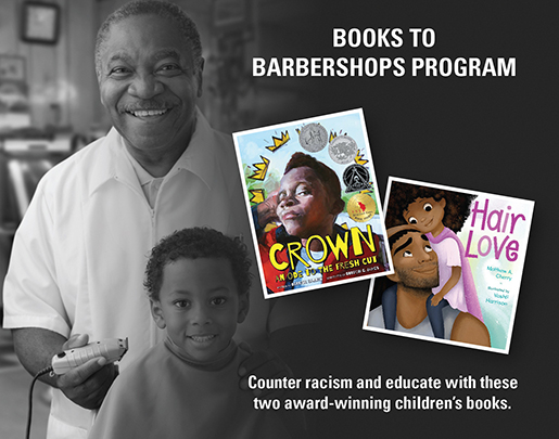 Large version of older barber clipping hair of young boy overlayed with images of covers for books from Conscious Kid program